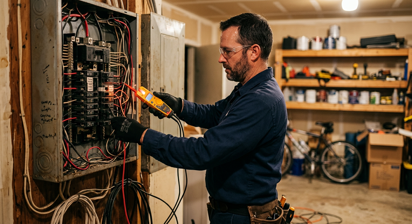 Sample photo of an electrician testing a breaker panel