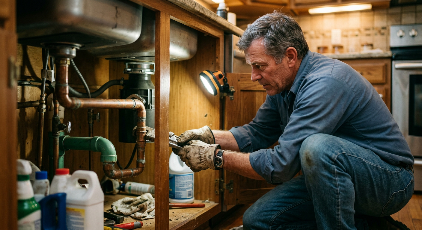 Sample photo of a plumber repairing pipes under a kitchen sink